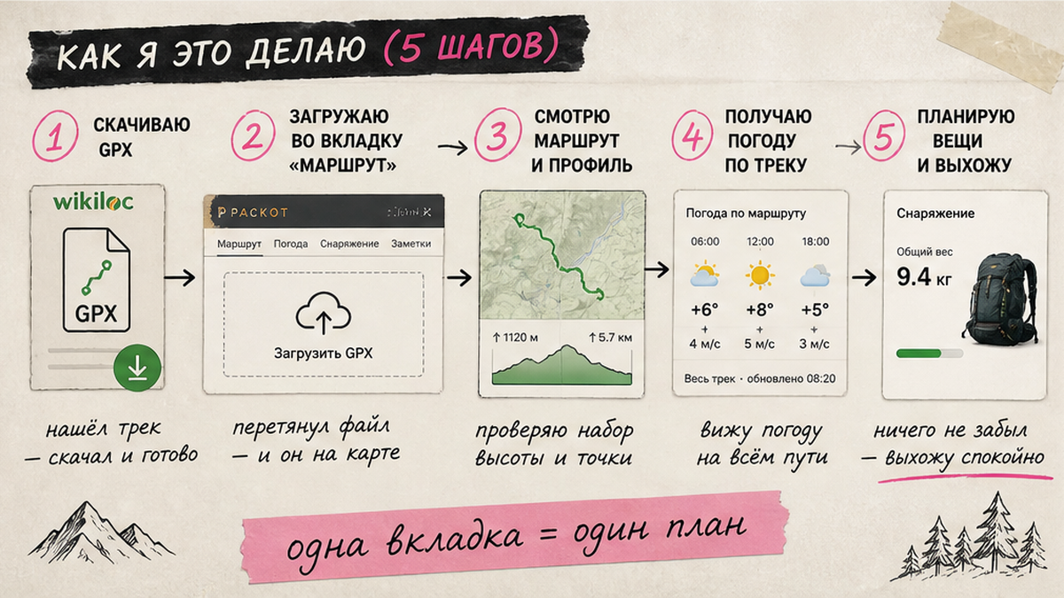 Схема workflow: загрузка GPX-файла на вкладку Маршрут и условия в Packot с картой и погодой