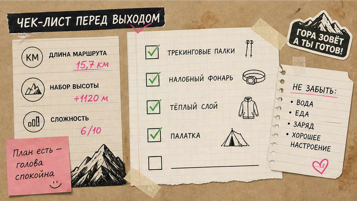 Чек-лист анализа маршрута: километраж, набор высоты, сложность и рекомендации по снаряжению