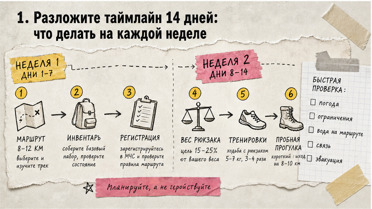 Схема таймлайна подготовки к походу на 14 дней: неделя 1 и неделя 2