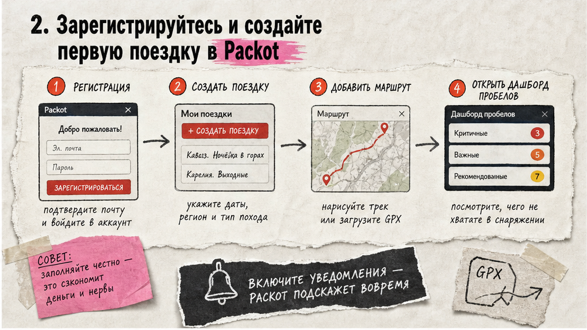 Схема шагов: регистрация и создание первой поездки в Packot