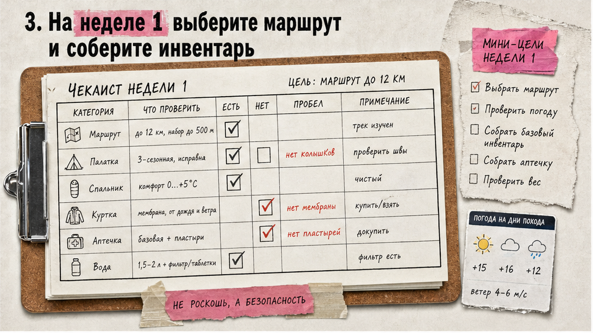 Чеклист снаряжения и маршрута для первой недели подготовки к походу