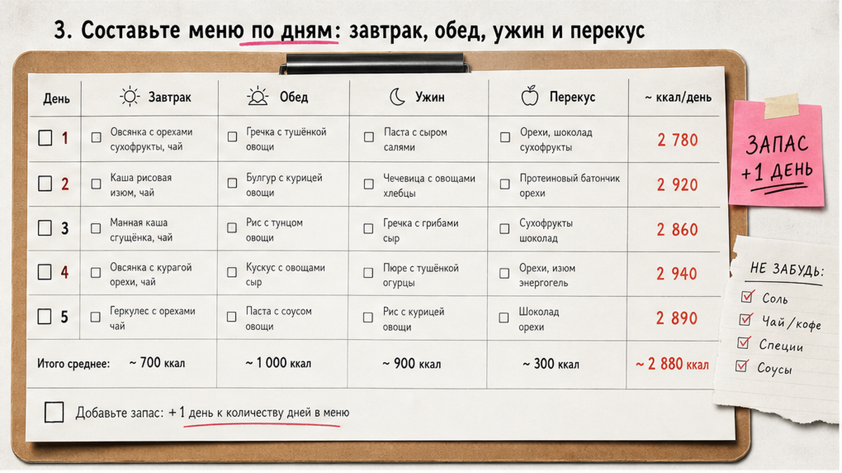 Чек-лист меню по дням похода: завтрак, обед, ужин и перекус с калориями