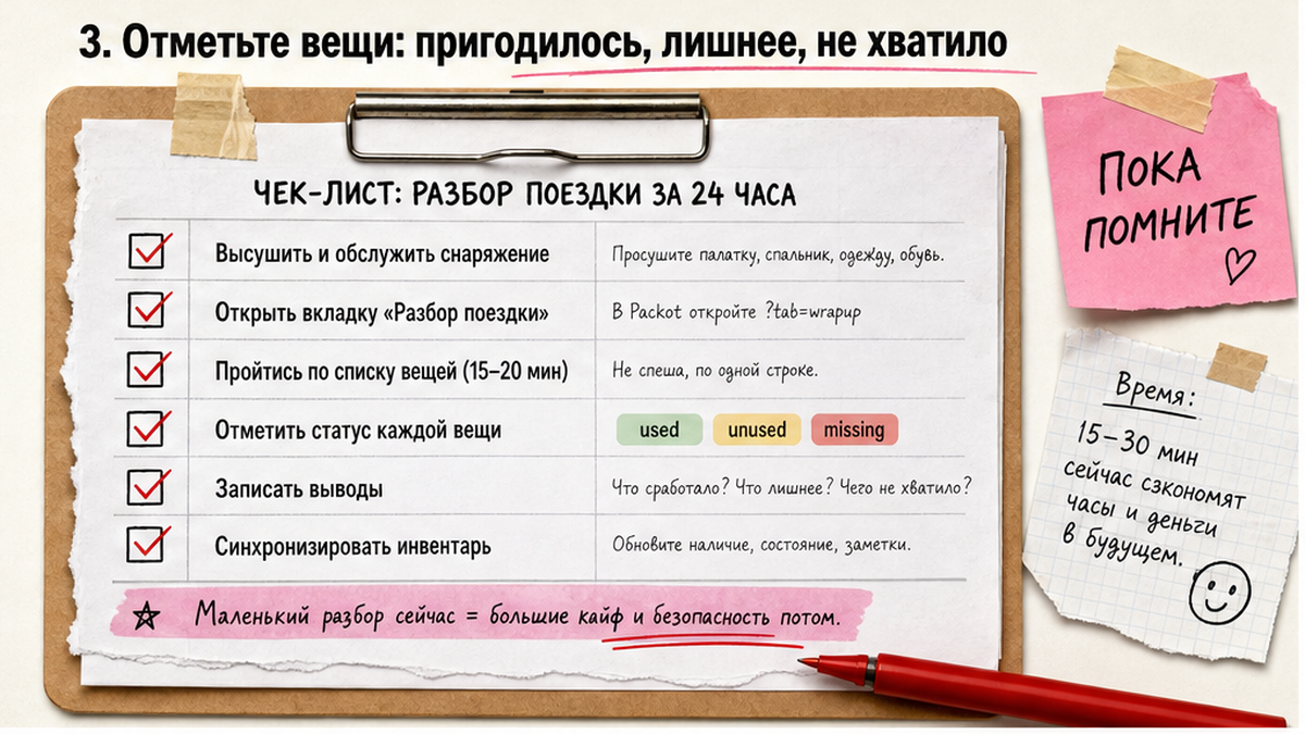 Чек-лист разбора похода за 24 часа: отметки по вещам used, unused и missing в Packot