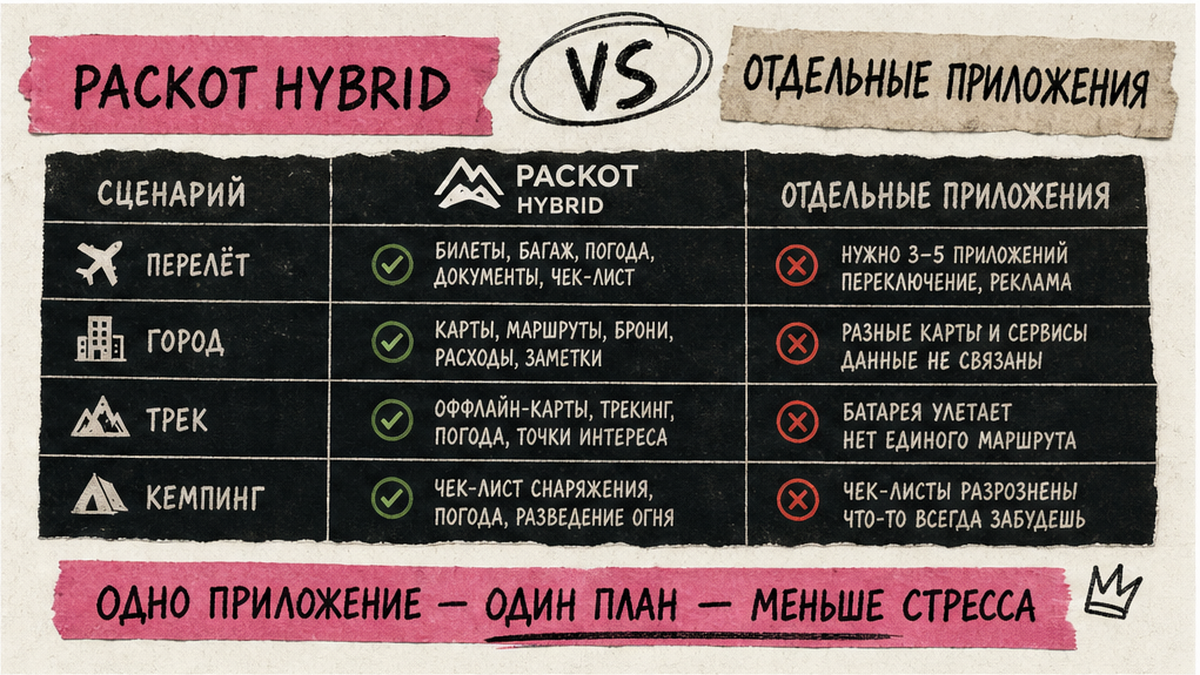 Сравнительная таблица: смешанная поездка в одном дашборде Packot против трёх отдельных приложений