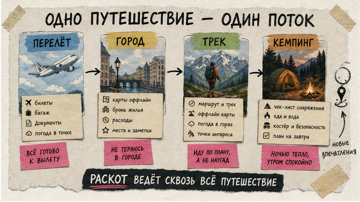 Схема workflow: создание поездки типа Смешанная с сегментами перелёт, город, трек и лагерь