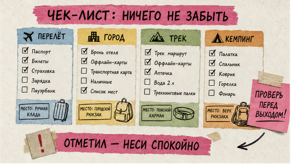 Чек-лист по сегментам смешанной поездки: что не смешивать между перелётом, городом и треком