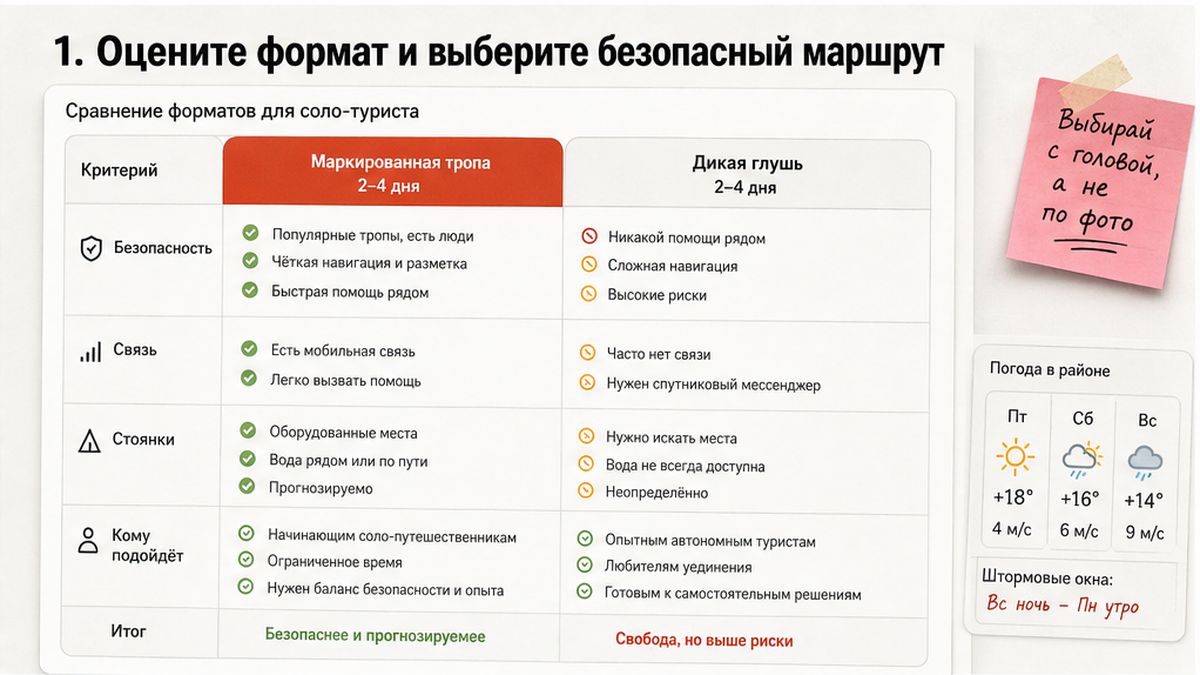 Сравнительная таблица маршрутов для соло-похода: маркированная тропа против дикой местности