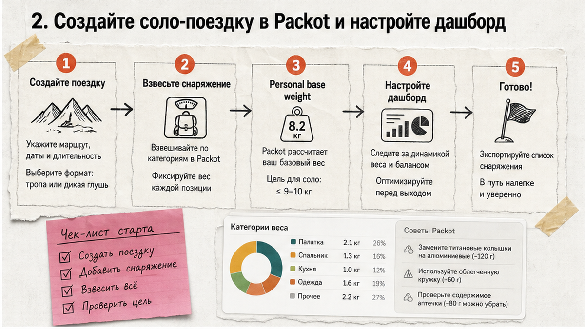Схема настройки соло-поездки и дашборда Packot с учётом личного веса