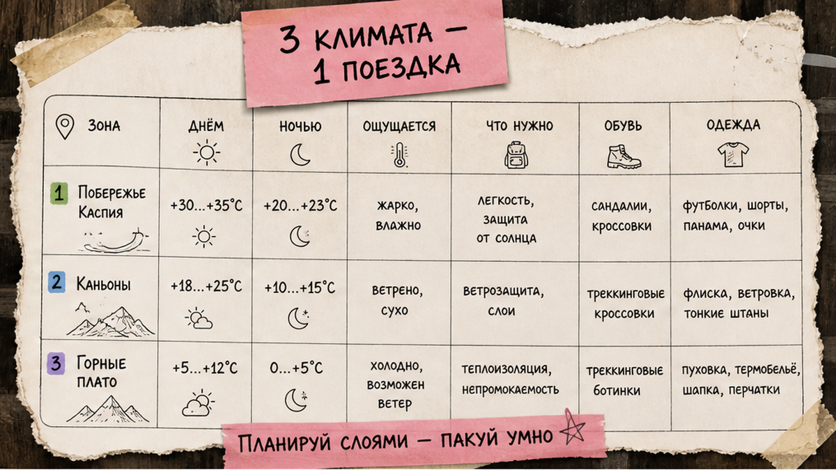 Сравнительная таблица трёх климатических зон Дагестана: побережье, каньоны и горные плато
