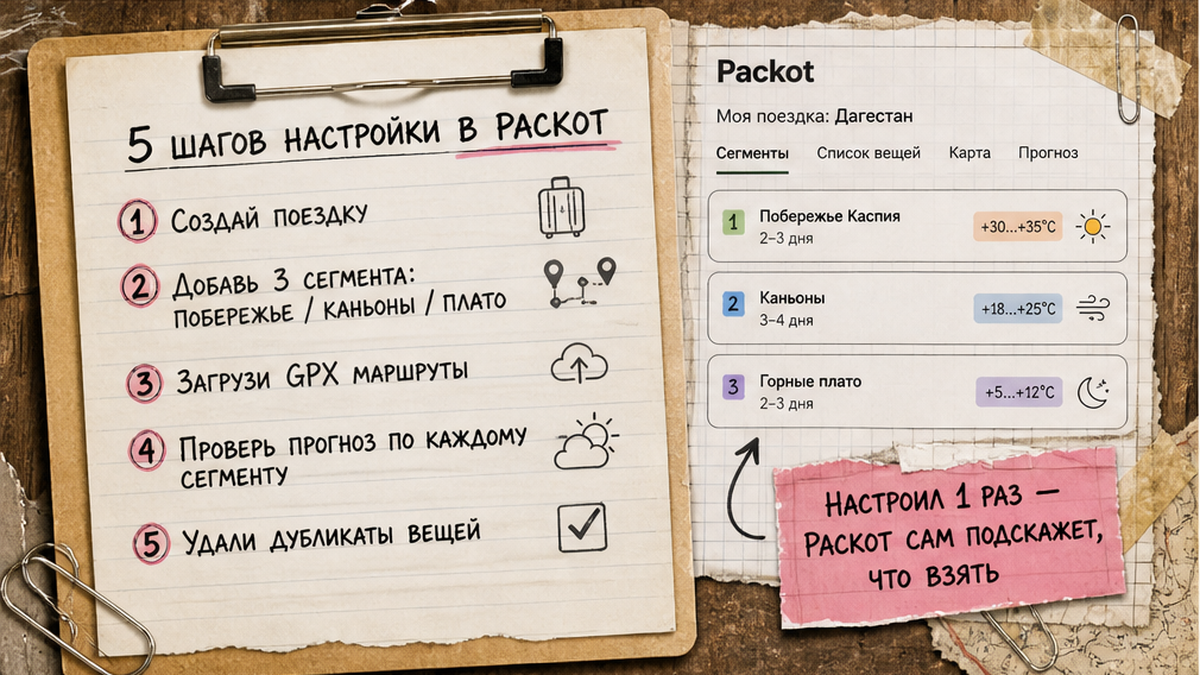 Чеклист настройки поездки в Packot: сегменты по климатическим зонам и прогноз погоды по GPX