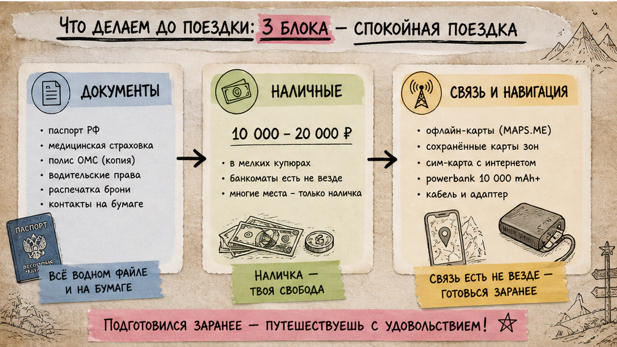 Схема подготовки документов, наличных денег и связи перед походом в горы Дагестана