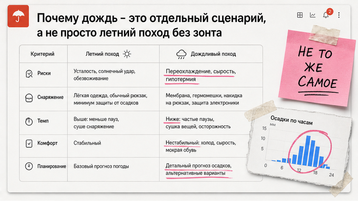 Сравнительная таблица: летний поход и дождливый поход — разные риски и снаряжение