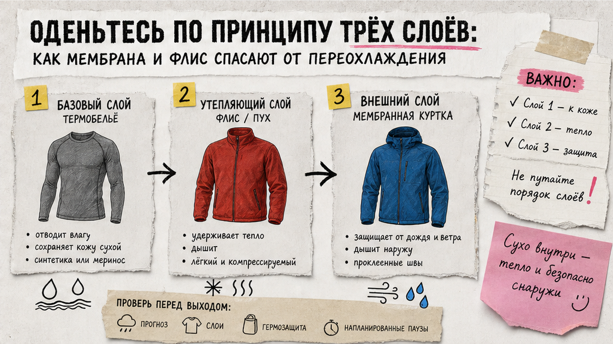 Схема трёх слоёв одежды для дождливого похода: термобельё, флис, мембрана