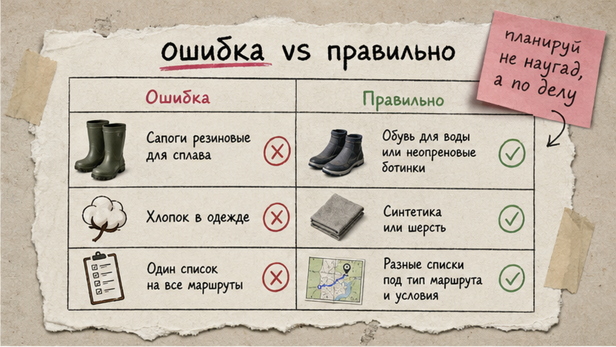 Сравнительная таблица типичных ошибок при сборе рюкзака для похода в Карелию
