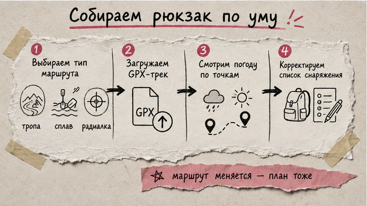 Схема workflow: планирование похода по Карелии — тип маршрута, GPX и прогноз