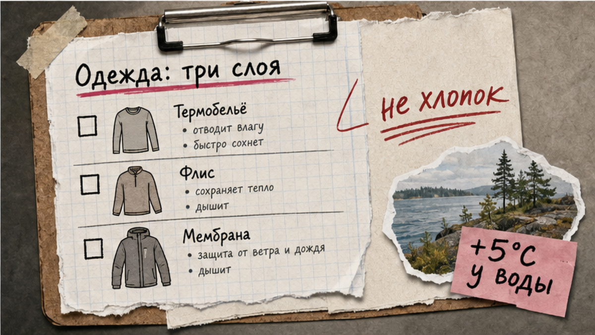 Чеклист одежды по трём слоям для карельского похода: термобельё, флис, мембрана