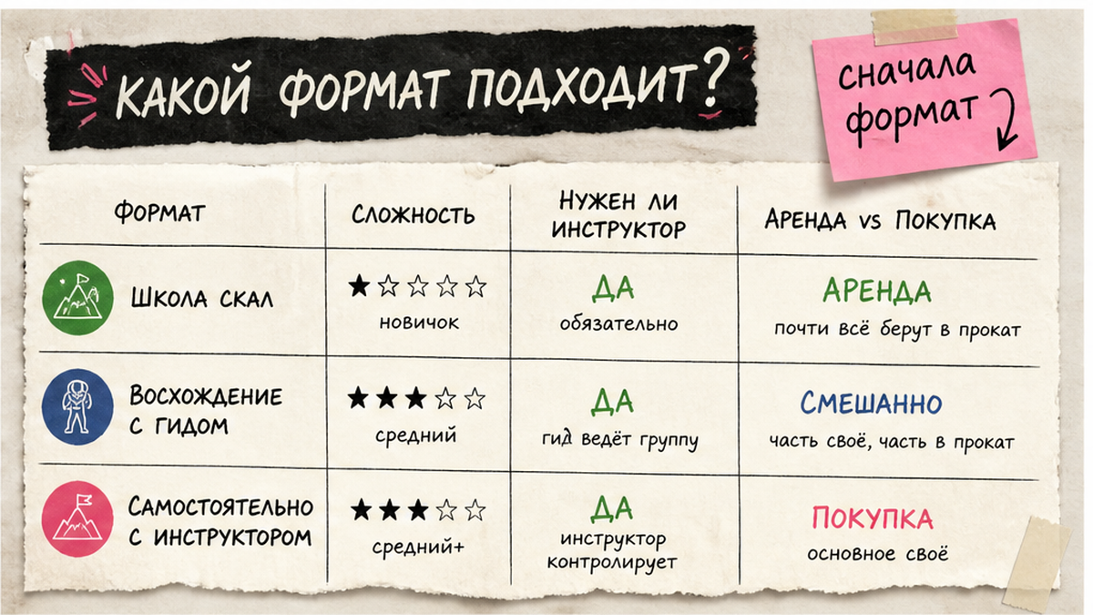 Таблица форматов восхождения: школа, коммерция и работа с инструктором