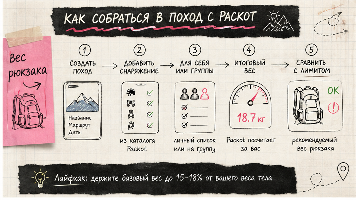 Схема: поездка в Packot и распределение веса снаряжения