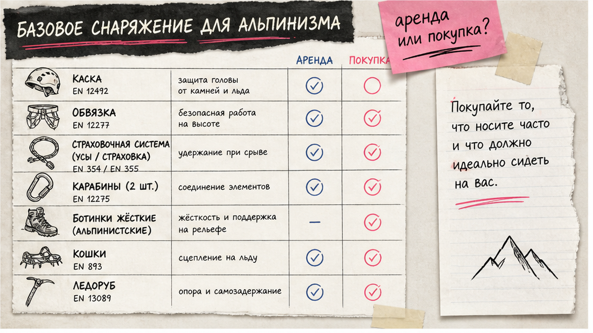 Чеклист минимума: каска, обвязка, страховка, кошки и ледоруб