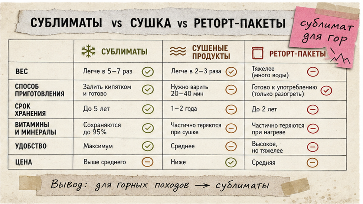 Сравнительная таблица: сублимат, сушёвка и реторт-пакеты по весу и способу приготовления
