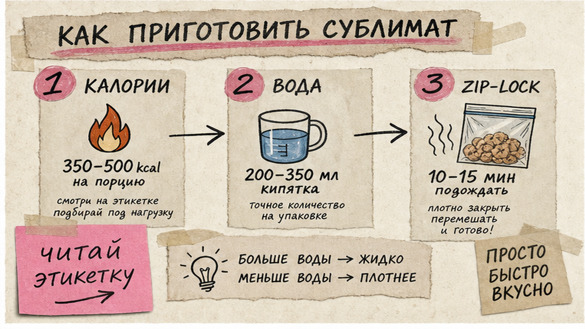 Схема критериев выбора походной еды: калорийность, вода и время приготовления