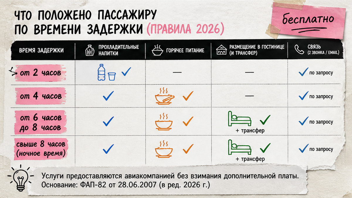Таблица сроков: вода, еда и отель при задержке рейса по правилам 2026