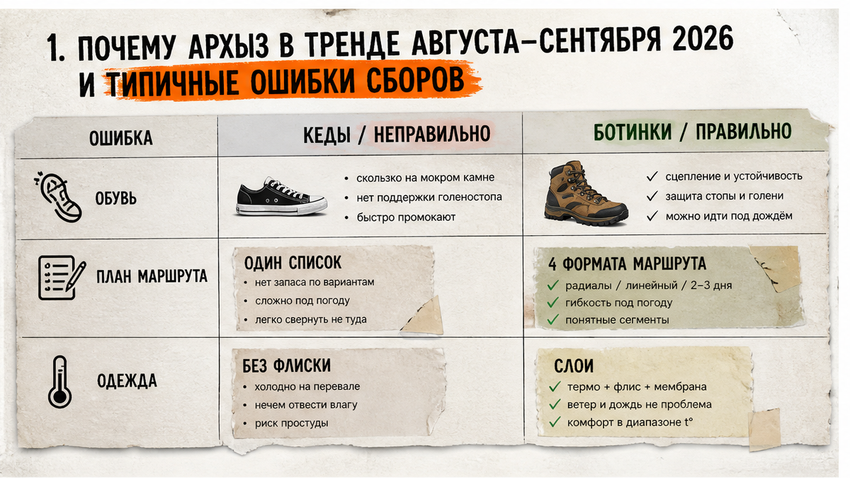 Сравнительная таблица типичных ошибок при сборе рюкзака для похода в Архыз и треккинг на Софийские озёра