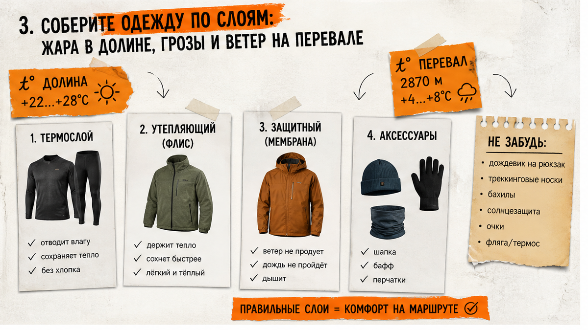 Чеклист одежды по трём слоям для похода в Архыз: термобельё, флис, мембрана на высоте 2800 м