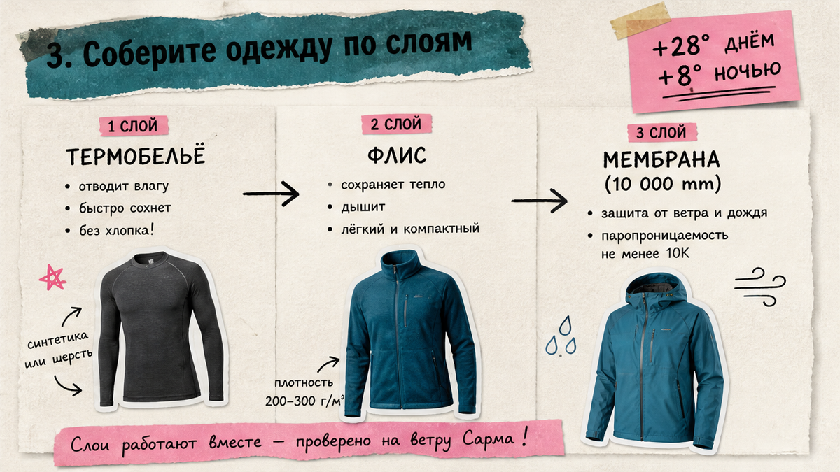 Чеклист одежды по трём слоям для байкальского похода: термобельё, флис, мембрана