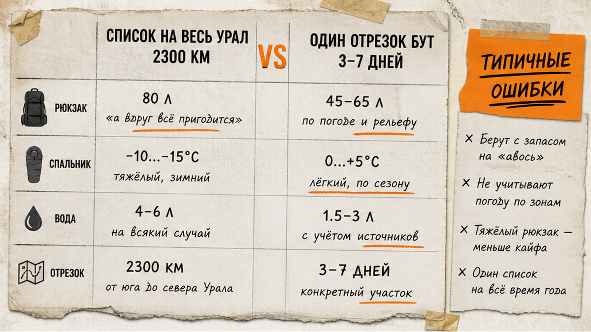 Сравнительная таблица ошибок сборов на БУТ: универсальный список на 2300 км против чек-листа под один отрезок 3-7 дней