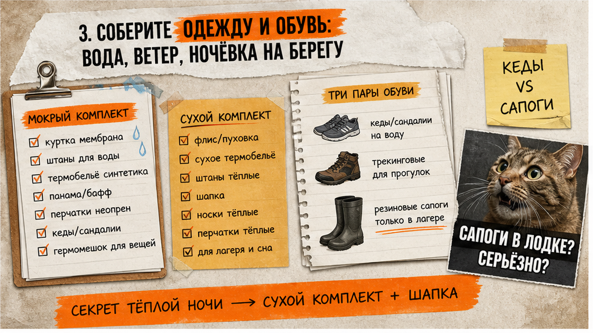 Чеклист мокрого и сухого комплекта одежды для сплава по Шуе в августе