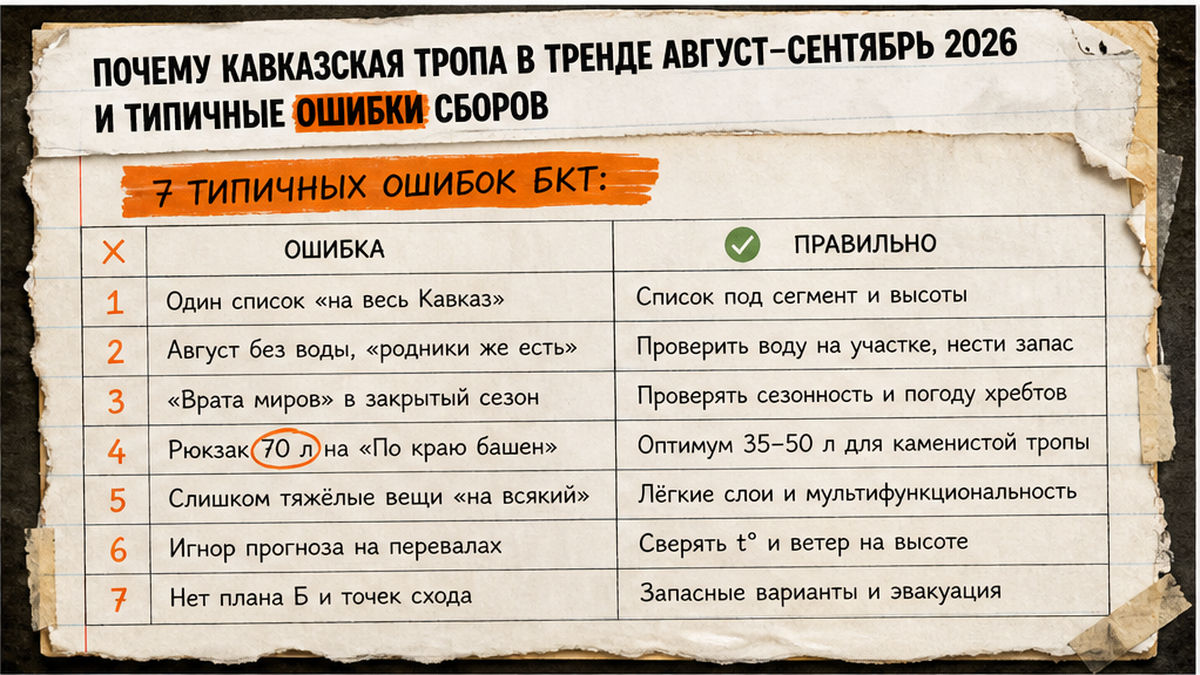 Сравнительная таблица типичных ошибок при сборе рюкзака на Кавказскую тропу в августе–сентябре 2026
