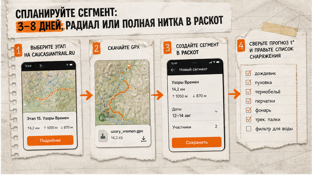 Схема планирования сегмента БКТ: выбор этапа, GPX, сегмент и прогноз в Packot