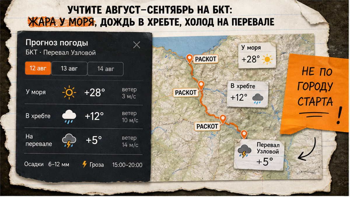 Прогноз погоды на перевале этапа БКТ: жара у моря, прохладные ночи и грозы на гребне