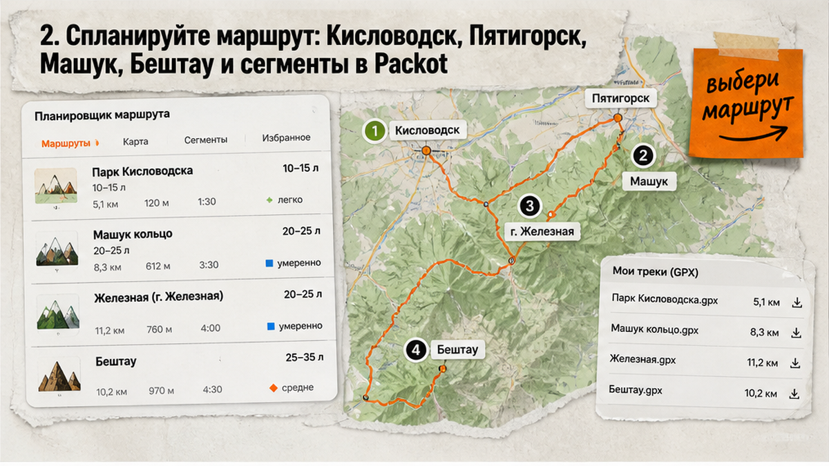 Схема маршрутов треккинга на Кавминводах: парк Кисловодска, гора Машук, Бештау и сегменты в Packot