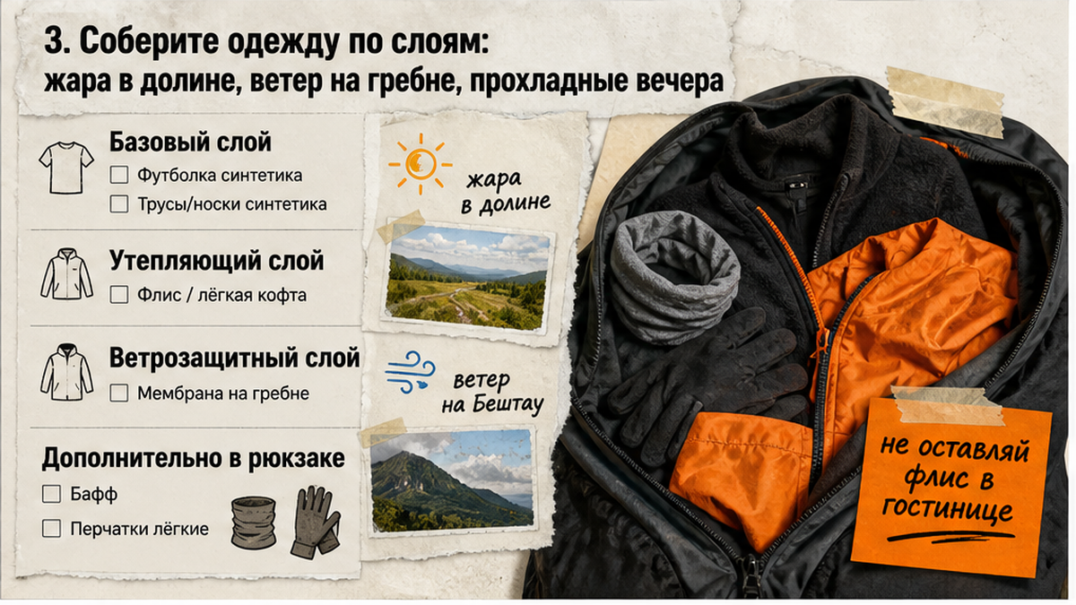 Чеклист одежды по слоям для треккинга на Кавминводах: термобельё, флис, мембрана на гребне Бештау