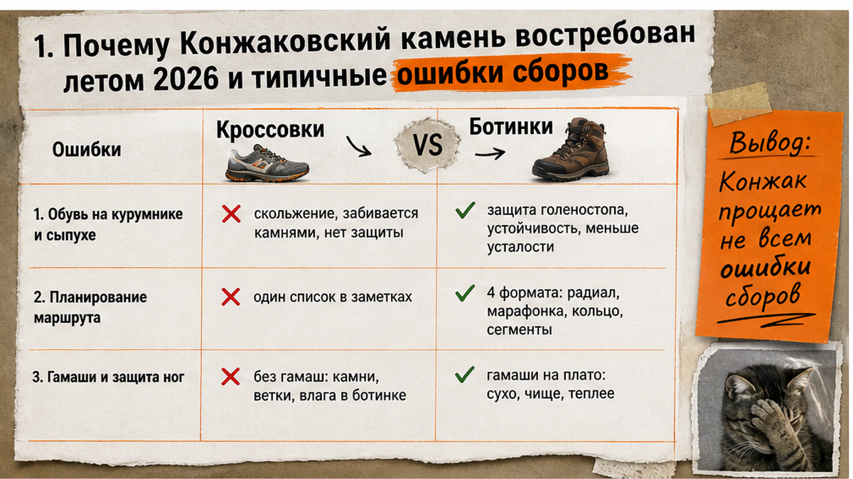 Сравнительная таблица типичных ошибок при сборе рюкзака для похода на Конжаковский камень