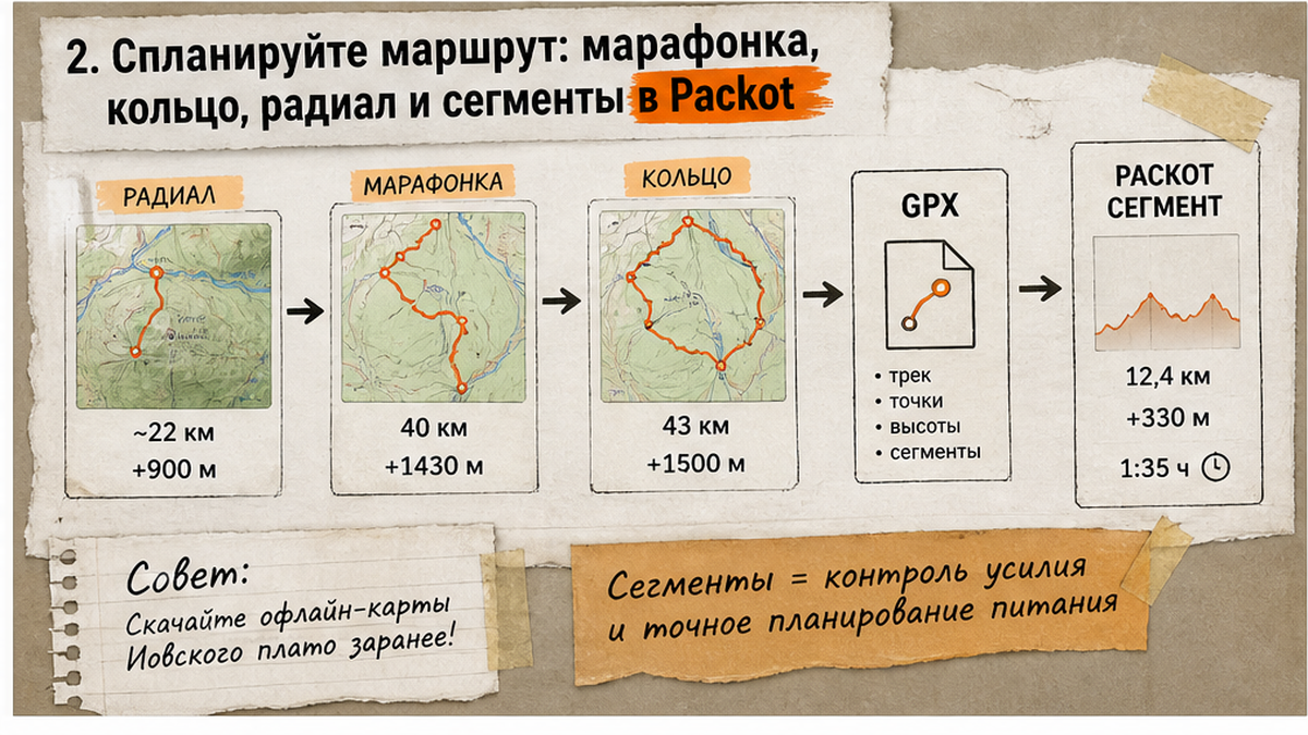 Схема форматов маршрута на Конжаковский камень: радиал, марафонка 40 км и кольцо с GPX в Packot