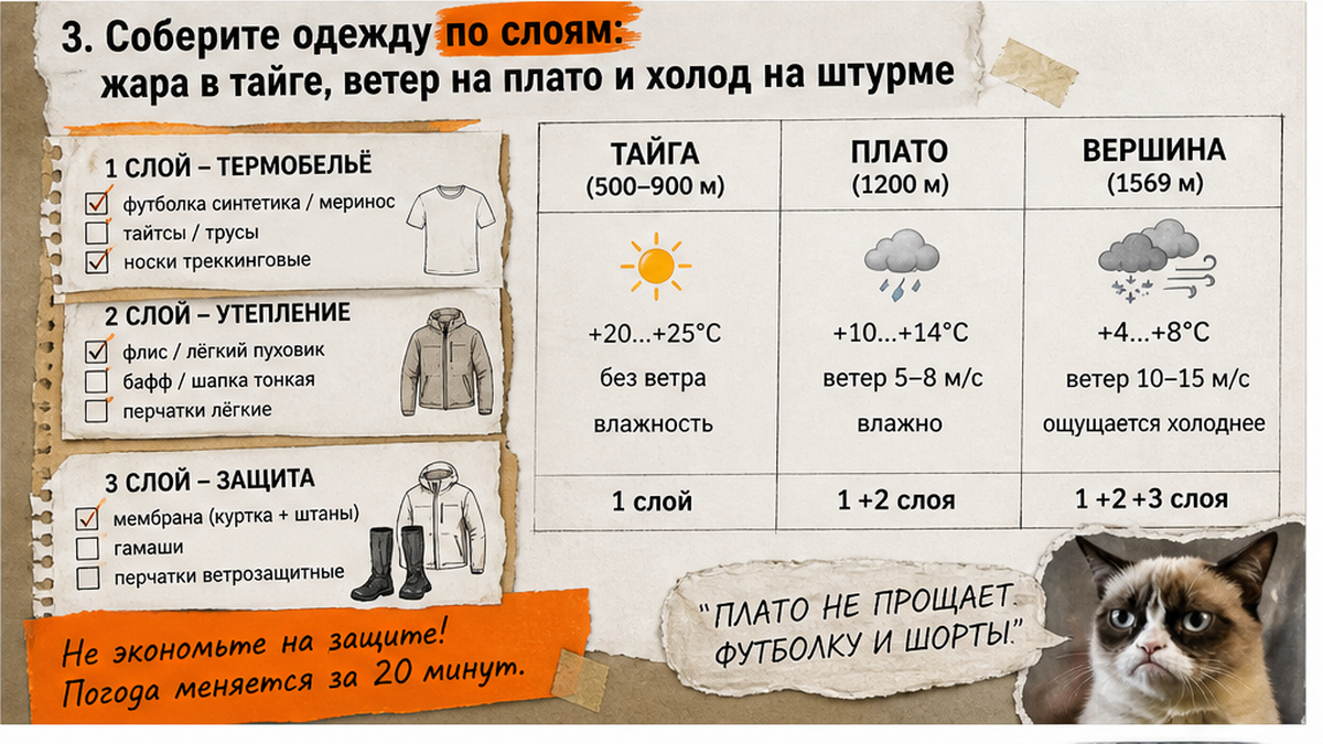 Чеклист одежды по слоям для похода на Конжаковский камень: тайга, Иовское плато и штурм 1569 м