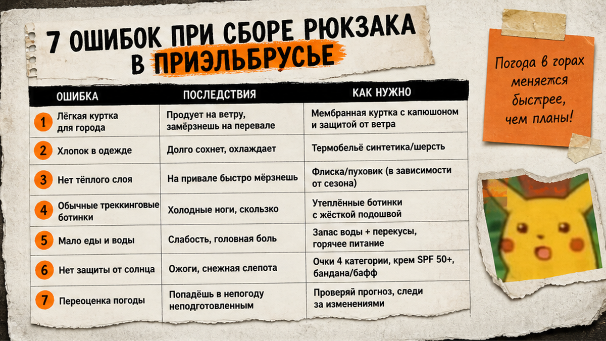 Сравнительная таблица типичных ошибок при сборе рюкзака для похода в Приэльбрусье и треккинг Эльбрус