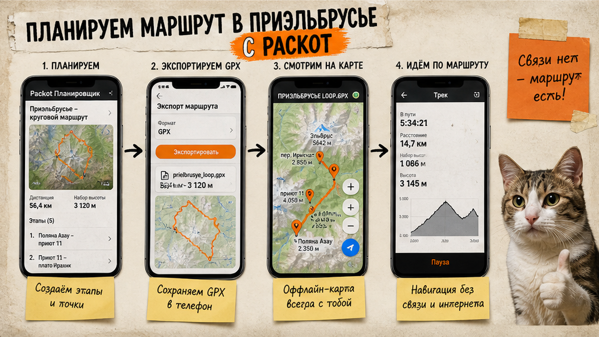 Схема планирования похода в Приэльбрусье: три формата маршрута, GPX и сегменты в планировщике