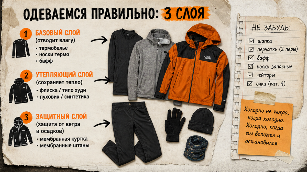 Чеклист одежды по трём слоям для похода в Приэльбрусье: термобельё, флис, мембрана
