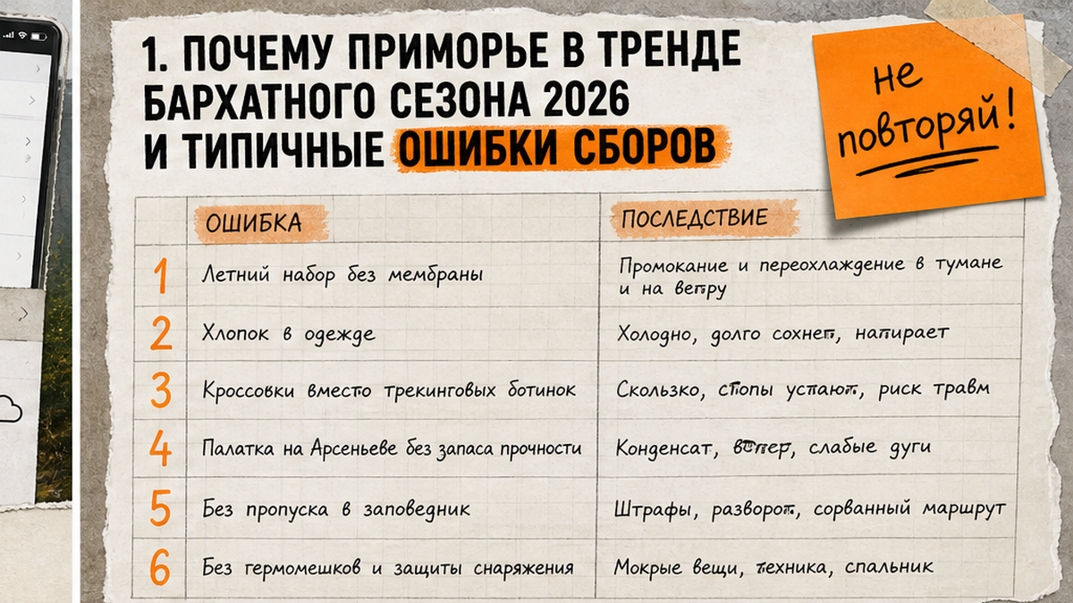Сравнительная таблица типичных ошибок при сборе рюкзака для похода в Приморье: морские радиалки, тайга и заповедник