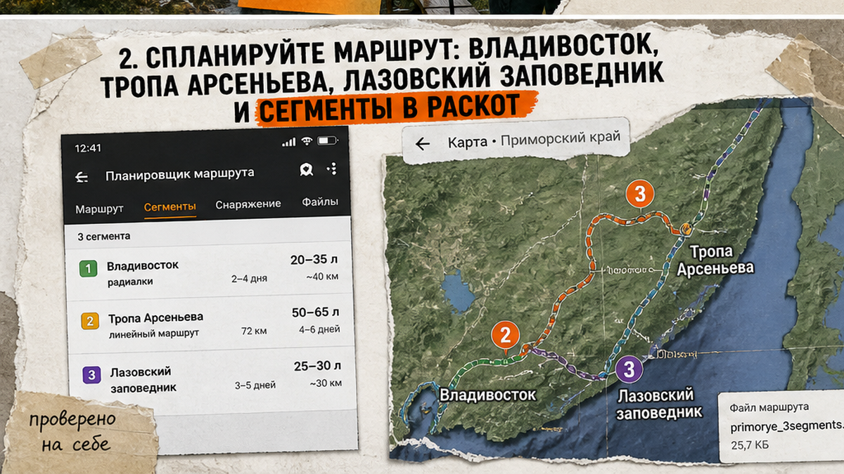 Схема планирования похода в Приморье: три зоны маршрута, GPX и сегменты в планировщике