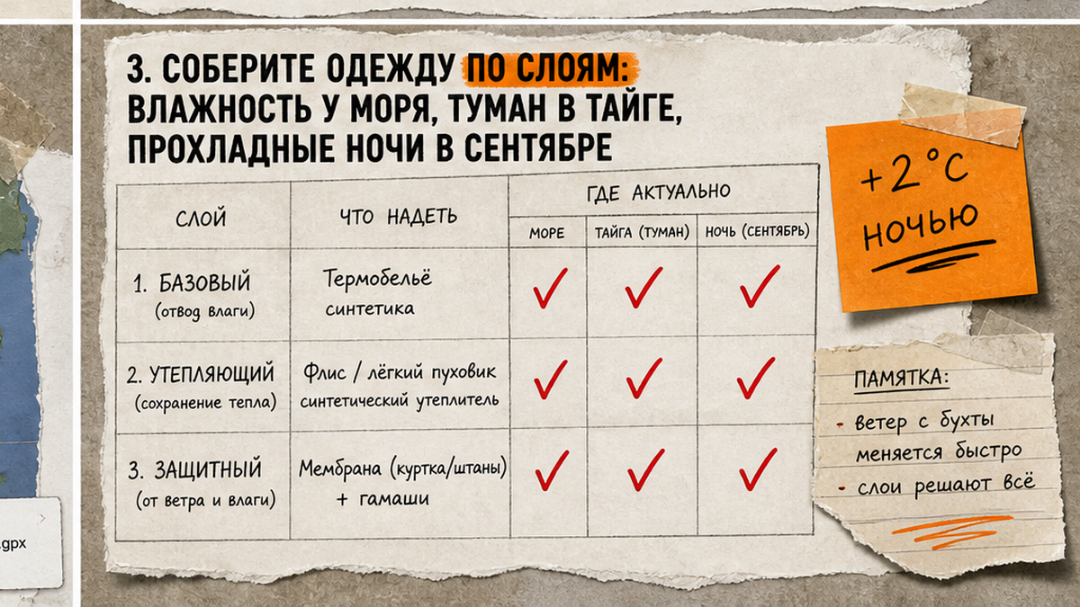 Чеклист одежды по трем слоям для приморского похода: термобелье, флис, мембрана