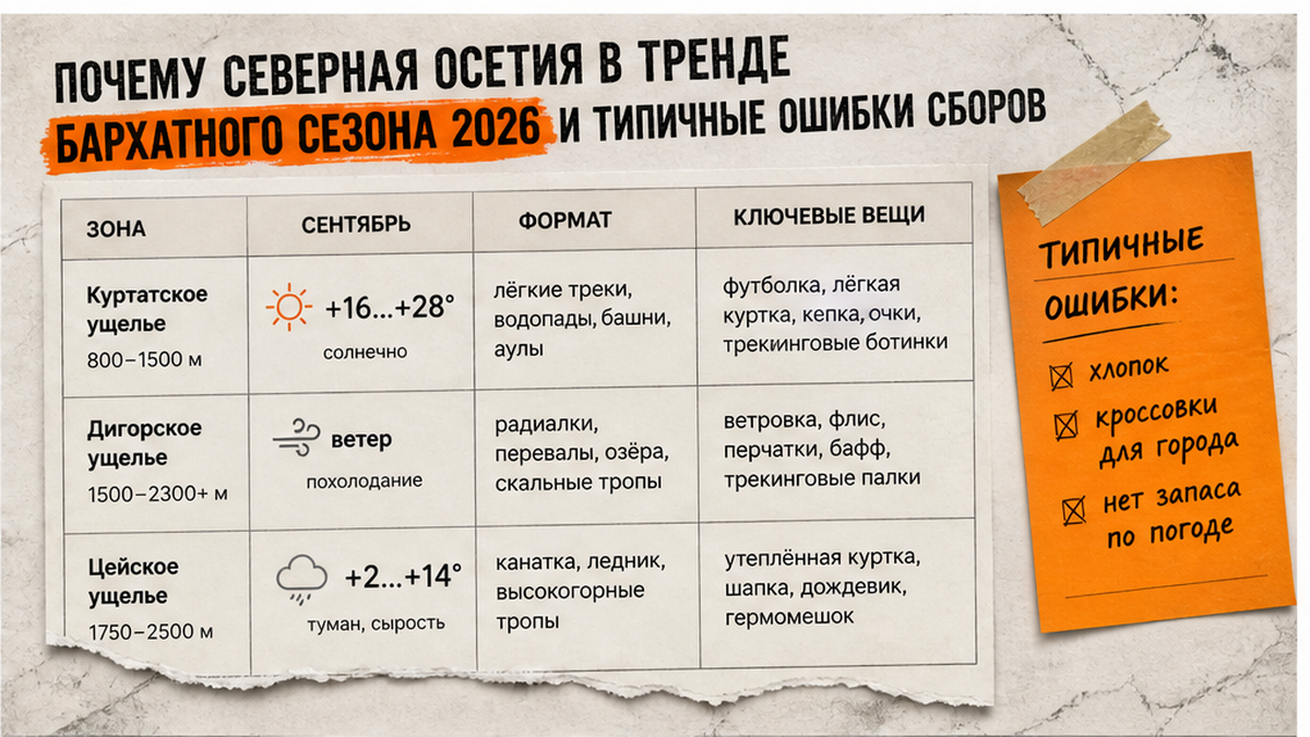 Таблица трёх маршрутных зон Северной Осетии: Куртат, Дигория и Цей с температурами в сентябре