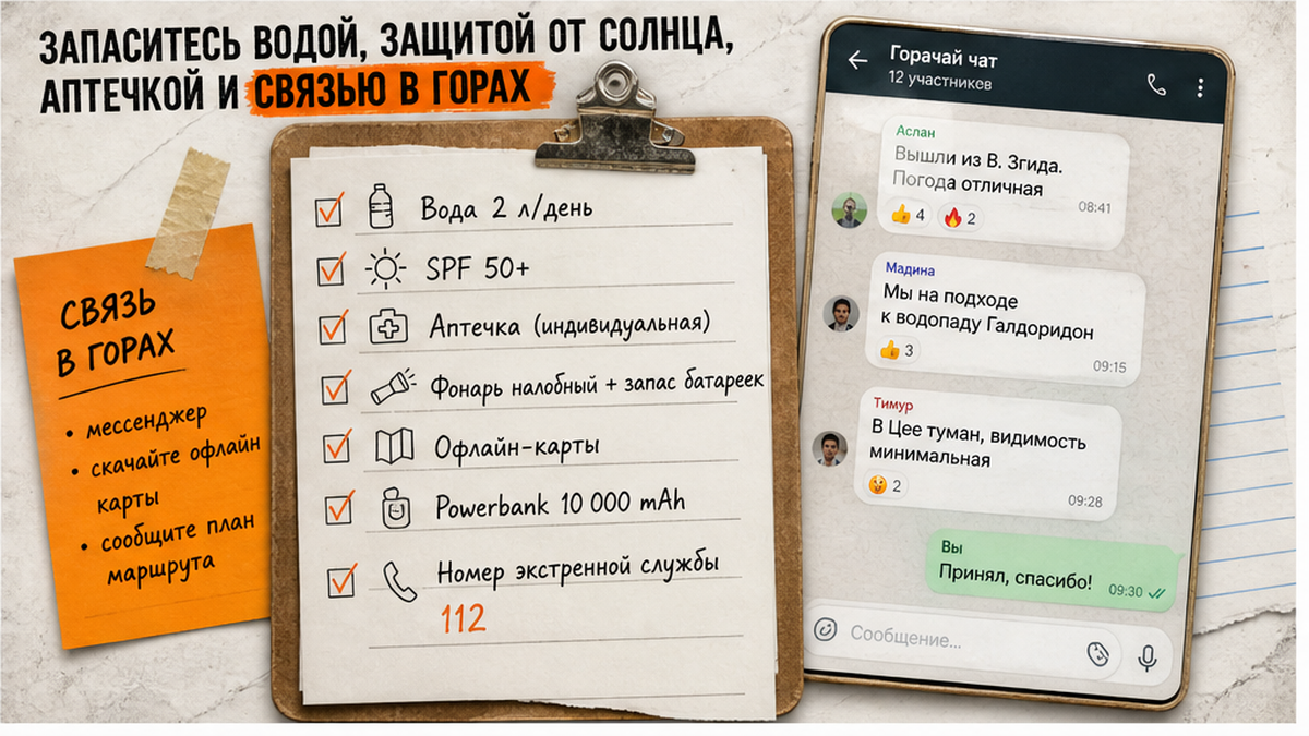 Чек-лист воды, SPF, аптечки и связи для похода в горах Северной Осетии