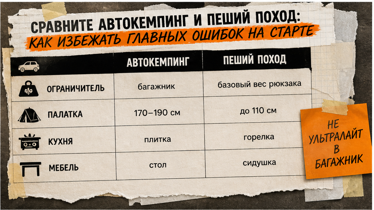 Таблица сравнения автокемпинга и пешего похода: багажник против базового веса, палатка, кухня и мебель