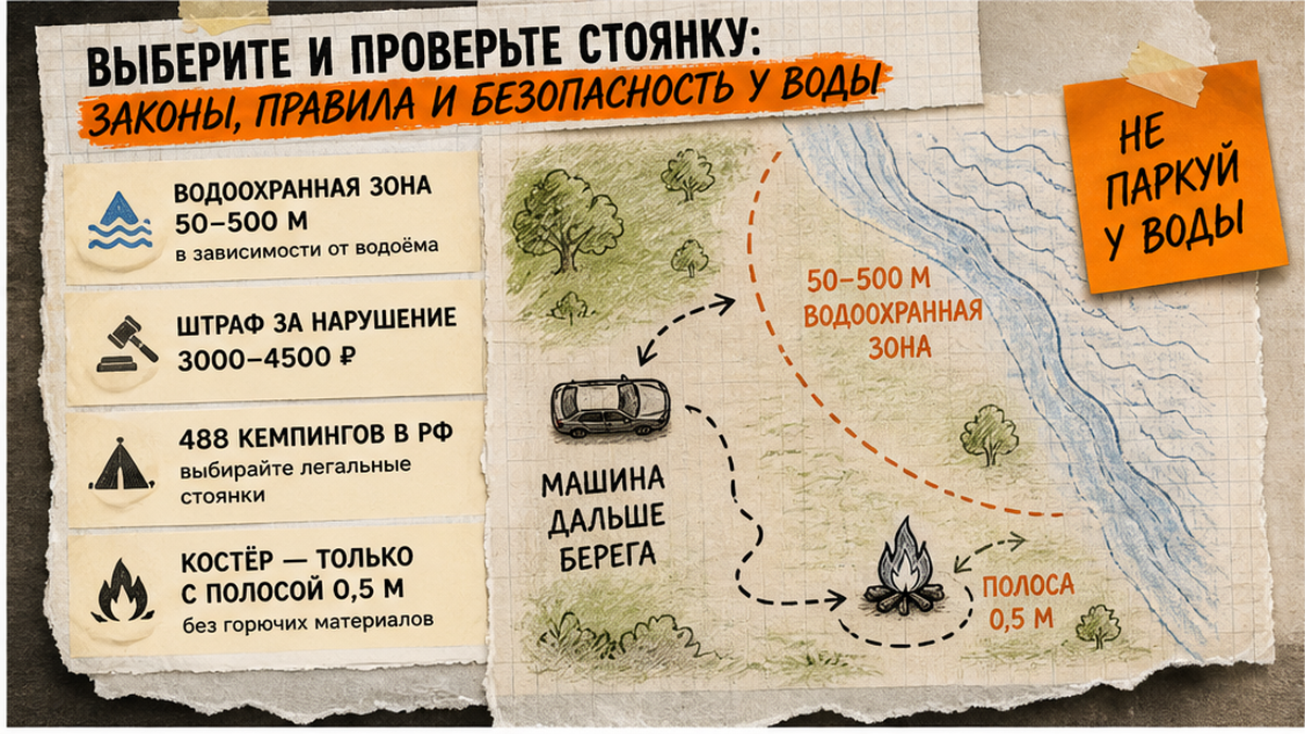 Инфографика правил стоянки: 50–500 м от воды, штраф 3000–4500 рублей, 488 кемпингов и правила костра