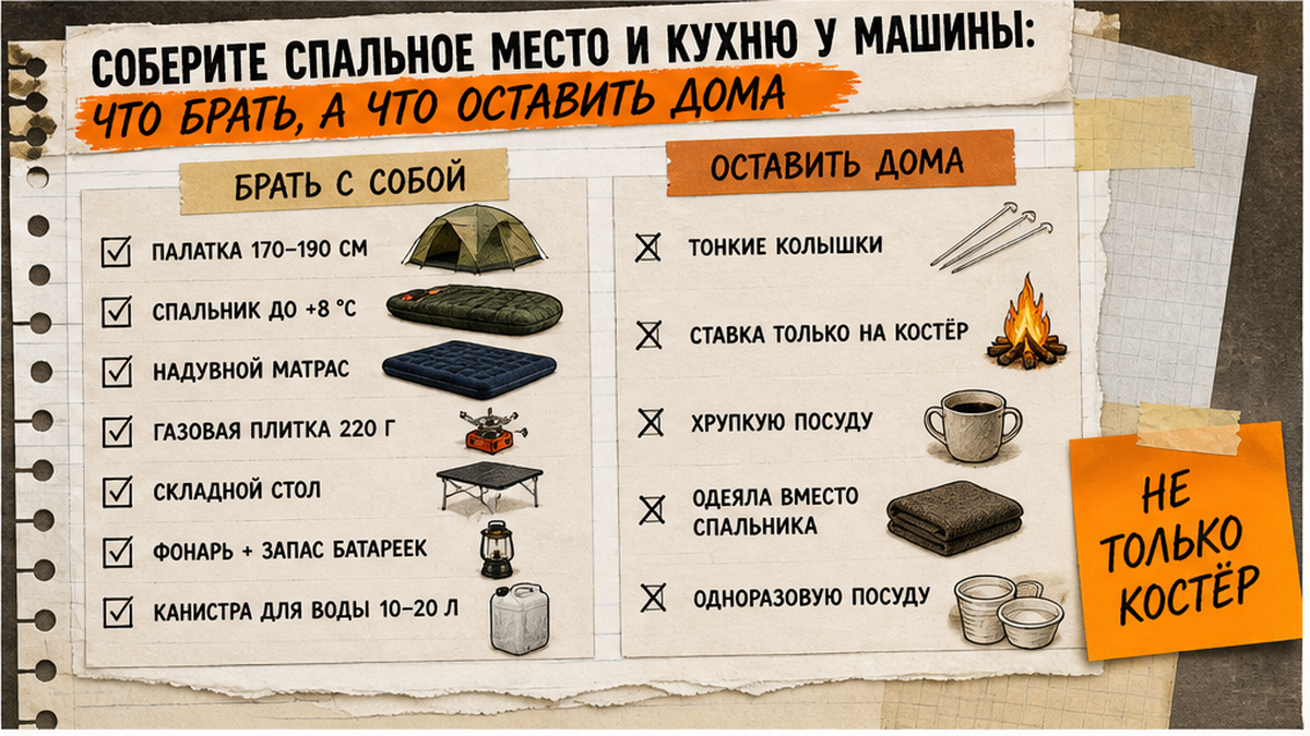 Чеклист спального места и кухни у машины: палатка 170–190 см, спальник до +8, плитка и складной стол
